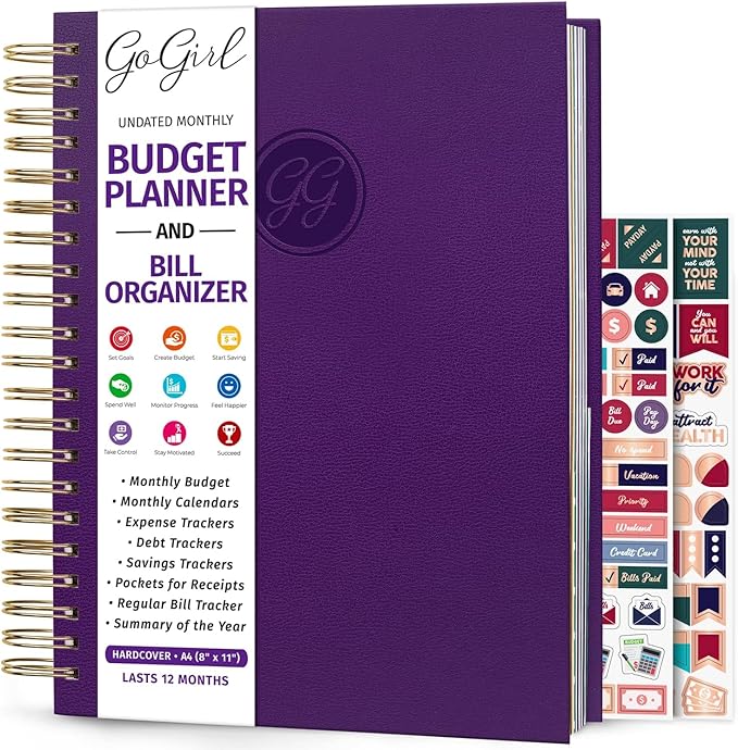 GoGirl Budget Planner & Monthly Bill Organizer – Monthly Financial Book with Pockets. Expense Tracker Notebook Journal, Large (Purple)