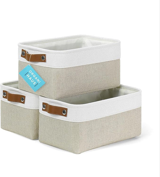 OrganiHaus Small Fabric Storage Baskets for Shelves 3 Pack, 12x8in Closet Storage Bins for Shelves, Cloth Baskets for Organizing, Linen Closet Organizers, Fabric Basket, Beige/White