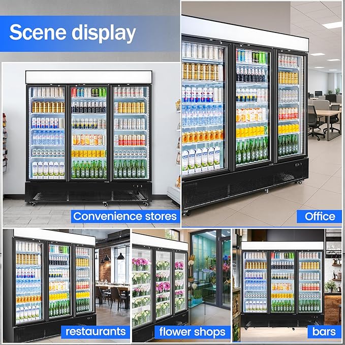 Commercial Beverage Refrigerator with 3 Glass Doors 56 Cu.ft Display Merchandiser Cooler Bar Black Drink Fridge for Convenience Stores, Supermarkets,Bars,Offices