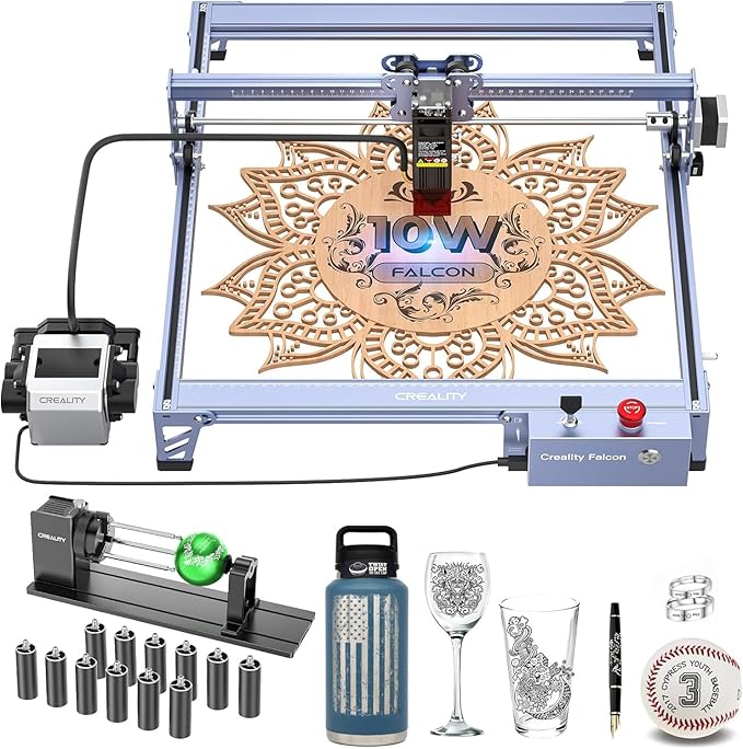 CREALITY FALCON 10w Laser Engraver with Air Assist, Laser Engraving Machine with Rotary Roller, 72W High Precision Laser Cutter and Engraver for Wood, Metal, Acrylic, Cylindrical Objects, Tumblers