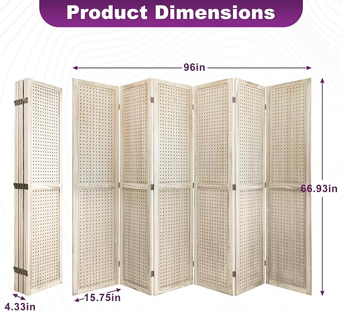 Room Divider, 5.6FT Folding Room Divider Panel, 6 Panel Pegboard Display Wood Partition Wall Divider for Room Separation& Craft Shows, Natural Wood