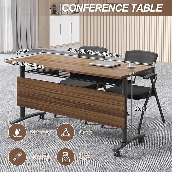 Folding Conference Room Table, Modern Conference Tables with Wheels, Large Rectangular Mobile Training Tables for Office Classroom, Foldable Modular Boardroom Seminar Table Walnut (6pack L70.9in)