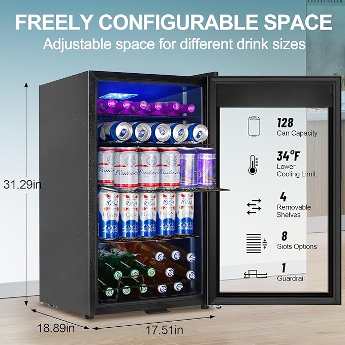 Beverage Refrigerator Cooler, 128 Cans 3.2 Cu.Ft Mini Fridge Glass Door for Drink Beer Soda Wine, Small Fridge with 4 Adjustable Removable Shelves for Kitchen, Bedroom, Office, Bar, Gaming Room, Black