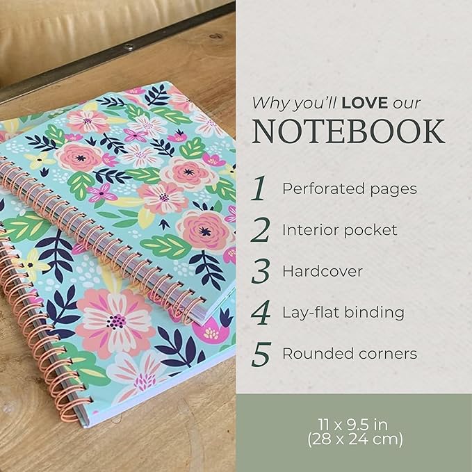 Steel Mill & Co Cute Large Spiral Notebook College Ruled, 11" x 9.5" with Durable Hardcover and 160 Lined Pages, Mint Floral