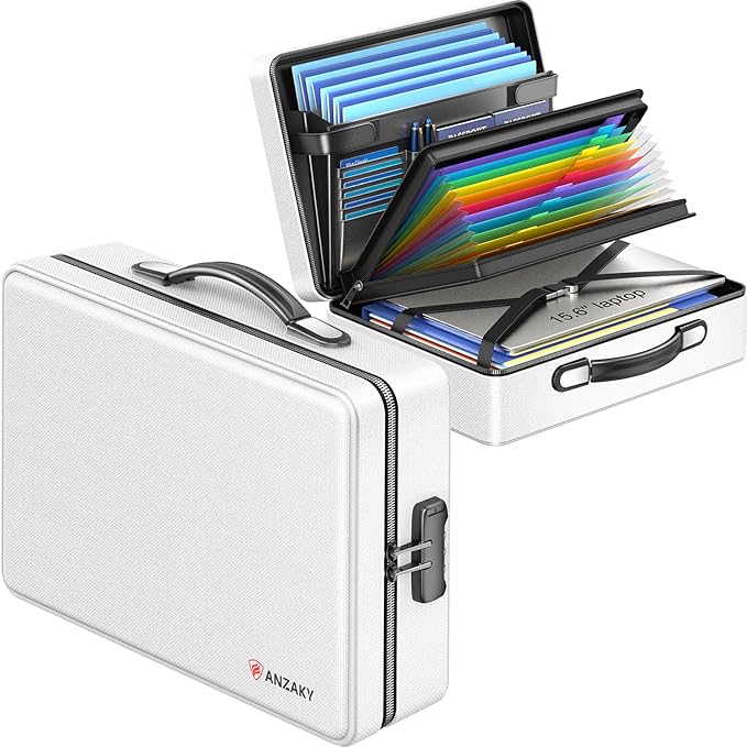 Fireproof Document Box with Fireproof Zipper, Hard Inner Shell Fireproof Document Bag with Lock, Fireproof Water Resistant Important Document Organizer 16 inch Laptop File Briefcase (Silver)