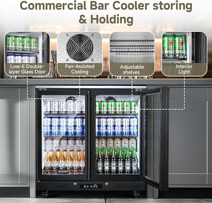 BODEGACOOLER Back Bar Cooler with 2 Glass Doors,7.7Cu.ft Commercial Bar Beverage Refrigerator Under Counter LED Lighting for Soda Drinks,Beer,Wine with Stainless Steel Top,DOE Approved,4 Casters
