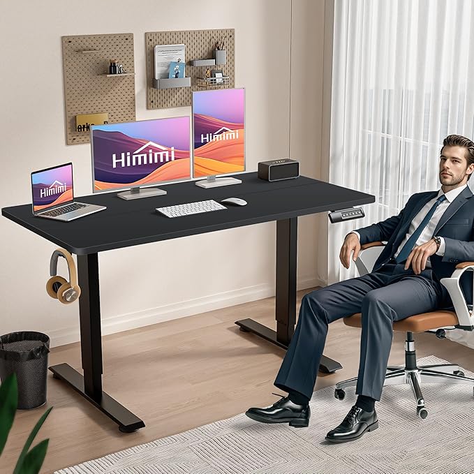 Himimi Electric Standing Desk 48 x 24 inch for Home Office,Sit-Stand Adjustable Desk with Memory Presets,Height Adjustable Desk for Gaming/Working,Free Hook, Lockable Wheels,Black