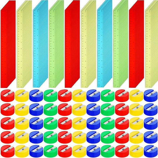 100 Pcs Plastic Rulers and 100 Pcs Mini Round Manual Pencil Sharpener Bulk, 4 Assorted Colors Pocket Sized Pencil Sharpeners Colorful Straight Ruler Back to School Supplies for Kids (Classic,12 Inch)