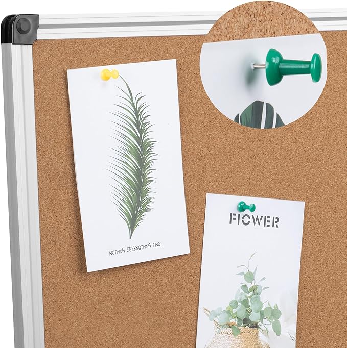 Board2by Cork Board Bulletin Board 36 x 48, Silver Aluminium Framed 4x3 Corkboard, Foldable Office Board for Wall, Large Wall Mounted Notice Pin Board with 36 Push Pins for School, Home & Office