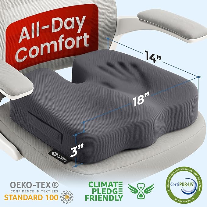 5 STARS UNITED Seat Cushion for Tailbone Pain Relief – Memory Foam Lifting Pillow for Coccyx, Hip, Hemorrhoid, Sciatica & Post-Surgery Recovery – Wheelchair, Car, Desk, Gaming & Office Chairs, D Gray