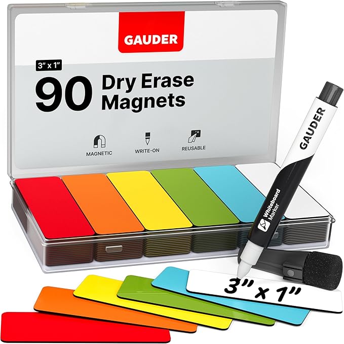 GAUDER Magnetic Labels Writable - Reusable Magnet Tags for Whiteboard, Chalkboard, Kanban Board and Refrigerator - Magnet Cards with Marker (90 Pack - 3 x 1 Inches)