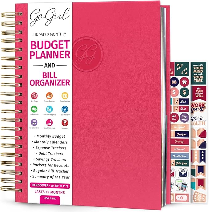 GoGirl Budget Planner & Monthly Bill Organizer – Monthly Financial Book with Pockets. Expense Tracker Notebook Journal, Large (Hot Pink)