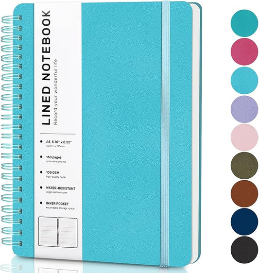 Lined Spiral Journal Notebook, A5 Hardcover Leather Notebook for Work, 5.7''×8.2'', 100GSM Thick Paper Spiral Bound Journaling Notebooks for Women & Men Office School Note Taking Business, Sky Blue