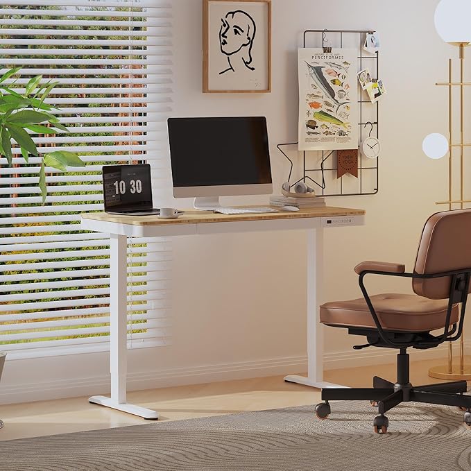 FLEXISPOT Comhar Electric Standing Desk with Drawer Desktop & Adjustable Frame w/USB Charge Ports (Bamboo Texture/White, Wood)