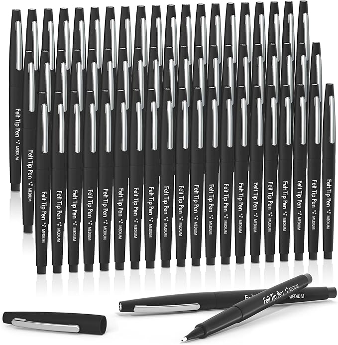 Lelix Felt Tip Pens, 60 Black Pack, 0.7mm Medium Point, Felt Tip Markers Pens for Journaling, Writing, Note Taking, Planner, Perfect for School Office and Art Supplies