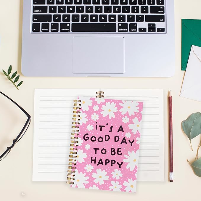 BearCake It's A Good Day To Be Happy Inspirational Notebooks, Cute Notebooks, Pink Aesthetic Notebook, Floral Notebook, Pink Office Supplies, Hardcover Spiral Notebook 5.5x8.3