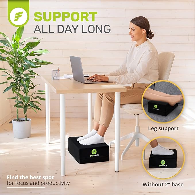 ErgoFoam Flat-Top Adjustable Foot Rest - High-Density Compression-Resistant Foam, Non-Slip, Black, Modern, Office
