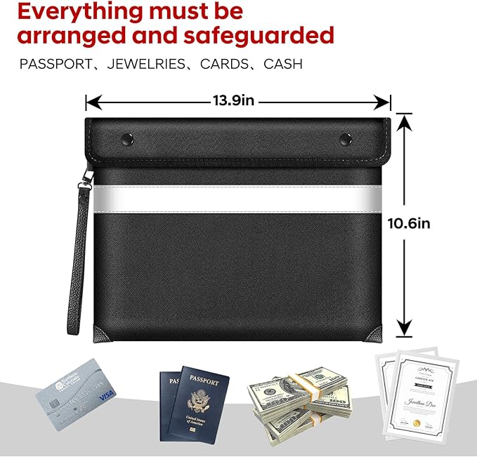 Fire Proof Bag for Documents 5200°F Heat Insulated,13.9” X 10.6”Fireproof Money Bag with Zipper,8 Layers of Protective Materials Waterproof Document Pouch for Cash,Valuables,Documents(Black)