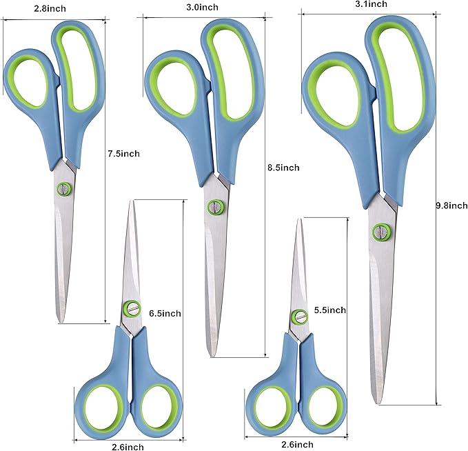 Scissors All Purpose,Scissors Set of 5,Premium Stainless Steel Sharp Blades Soft Comfort-Grip Handles Suitable for School,Office Supplies and Family Daily Use