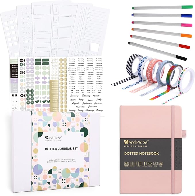 &And Per Se Dotted Journal Notebook Set, A5 Hardcover Dotted Journal (Pink), 6 Fineliner Pens, 8 Sticker, 5 Stencil Sheets & 6 Washi Tapes, Journaling Supplies for Planner Schedule