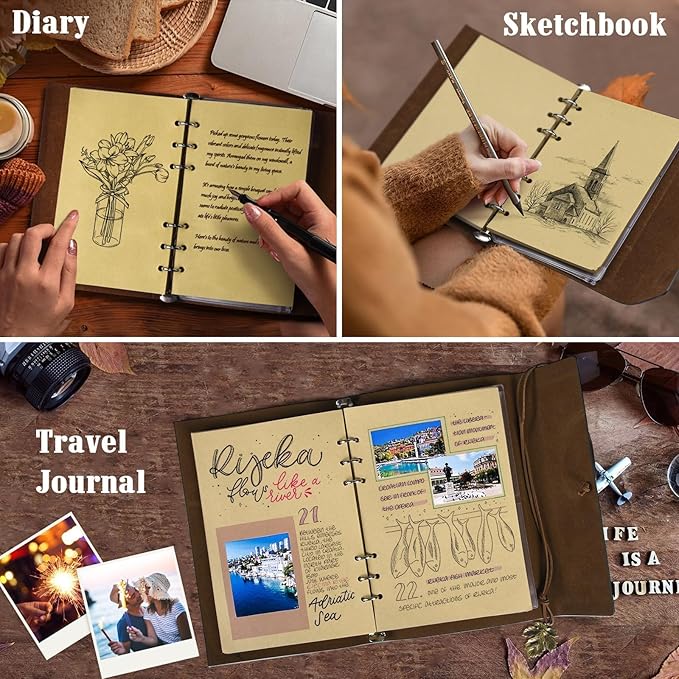 Leather Journals Notebooks with Blank Pages, Vintage Refillable Journal for Writing, Personal Travel Diary Art Sketchbook to Write in, Gifts for Women, Men, Teen Girls and Boys, 160 Pages A6 (Red)