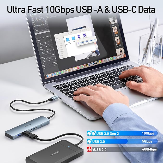 BENFEI USB C HUB 6-in-1 with HDMI(4K@60Hz), 100W Power Delivery, 10Gbps 2*USB-A and 2*USB-C, Silicone Cable, Aluminum Case Compatible with iPhone 15 Pro/Max, MacBook, iPad Pro, iMac, S23, XPS17