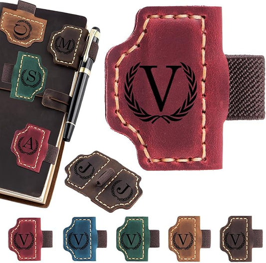 Artlaza Personalized Magnetic Leather Bookmark with Pen Holder - 26 Letters Custom Book Mark with Name Initial Engraved Book Marker for Readers, Book Lovers, Travelers - Gift for Women & Men(Red，V