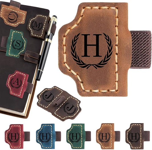 Personalized Magnetic Leather Bookmark with Pen Holder - 26 Letters Custom Book Mark with Name Initial Engraved Book Marker for Readers, Book Lovers, Travelers - Gift for Women & Men(Light Brown，H