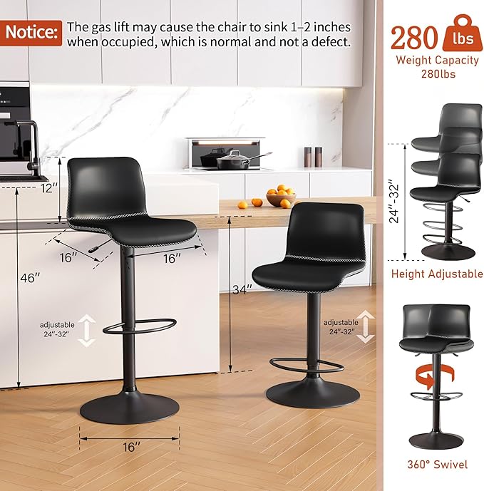 HeuGah Bar Stools Set of 3, Swivel Counter Height Barstools with Back, Adjustable Height 24" to 32", Black Faux Leather Bar Chairs for Kitchen Island (Black, Set of 3 (24'' to 32''))