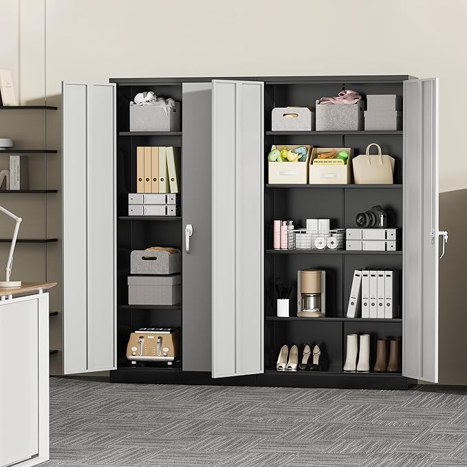 Greenvelly Metal Garage Storage Cabinet with Lock, 72”Metal Storage Cabinet with 2 Doors and 4 Adjustable Shelves, Steel Tool Cabinet for Garage,Home Office, School,Gym (Black Grey)