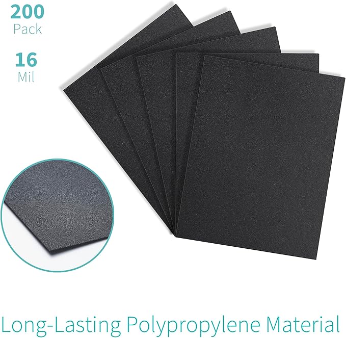 Binditek 200 Pack 16 Mil Sand-Textured Polycover, Midweight Binding Front and Back Covers, Lightly Sanded Finish, 8-1/2" x 11", Square Corners, Un-Punched, Black