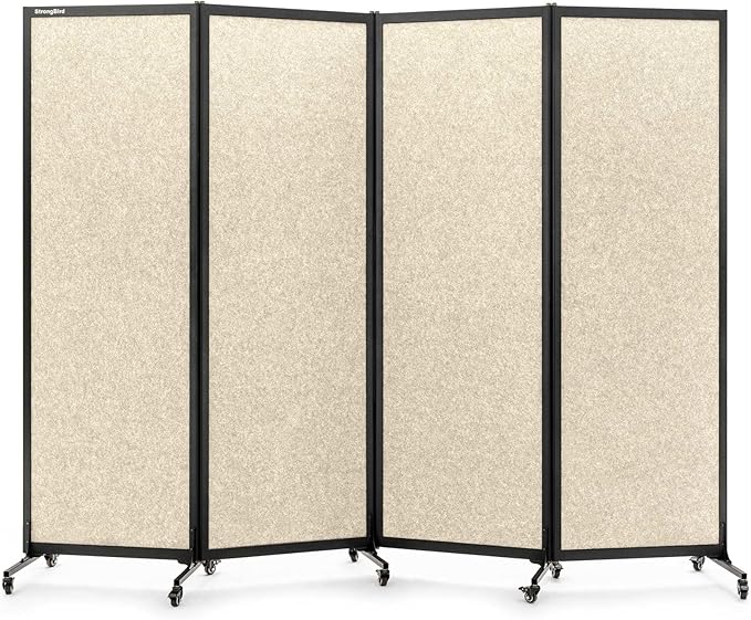 Upgrade Version Room Partition and Divider, Freestanding Rolling Dividers with Wheels,Office Privacy Screen Divider Wall,Classroom Felt Dividers,8'2"L* 6'7"H,4 Panel，Beige