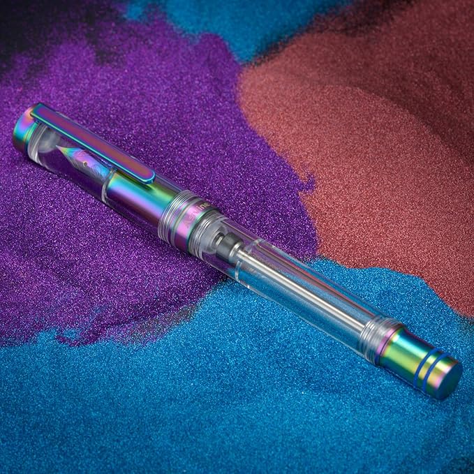 Asvine V200 Titanium Fountain Pen Vacuum Filling, Rainbow Bock Extra Fine Nib Clear Demonstrator Acrylic with Pen Case and Wrench