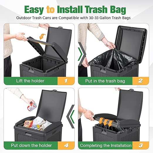 Flamaker 30 Gallon Trash Can, Resin Outdoor Garbage Can with Lid, Waterproof Hideaway Patio Waste Bins for Outside Use (Gray)