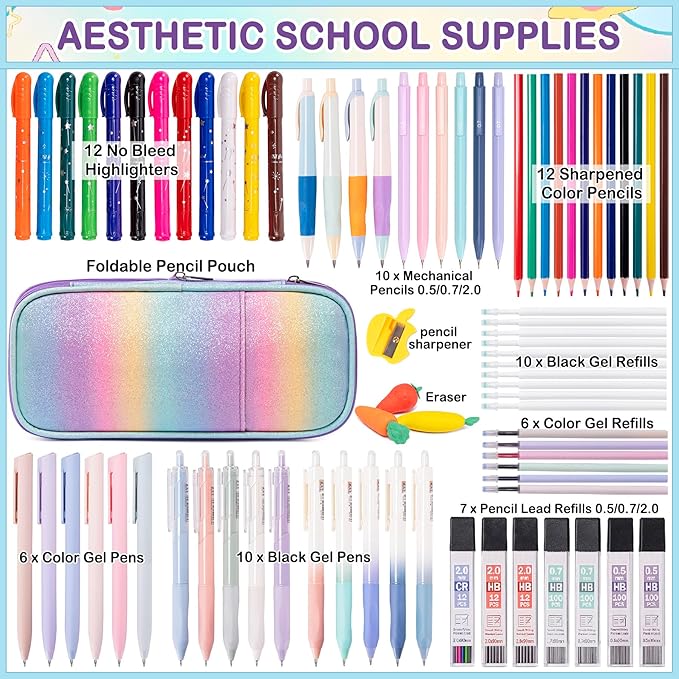 78PCS Aesthetic School Supplies with Cute Pencil Case, Pastel Highlighters Gel Pens Mechanical Pencils Set 0.5 0.7 & 2.0mm, Back to School Supplies Student Stationary Set, Pencil Pouch with Supplies