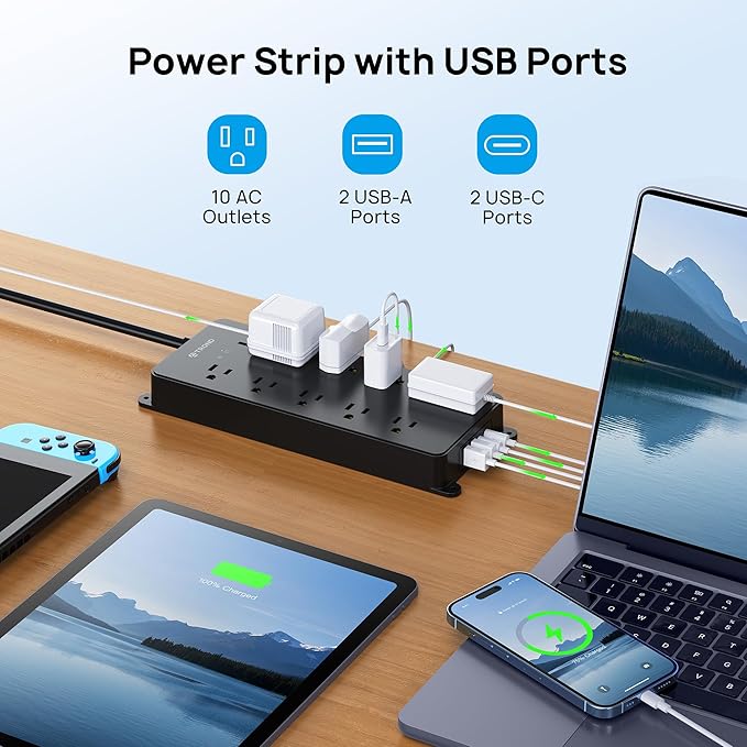 TROND Surge Protector Power Strip 10ft, 4000J, ETL Listed, 10 Widely Spaced Outlets, 2 USB A & 2 USB C Ports, Flat Plug Long Extension Cord, Wall Mountable, for Home Office Entertainment, Black