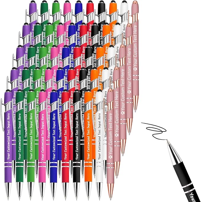 Up to 150 Pcs Personalized Ballpoint Pen Custom Pens Free Engraved Bulk with Name Logo Soft Black Ink Stylus with Touch Metal Office Gift for Anniversaries Graduations Birthdays