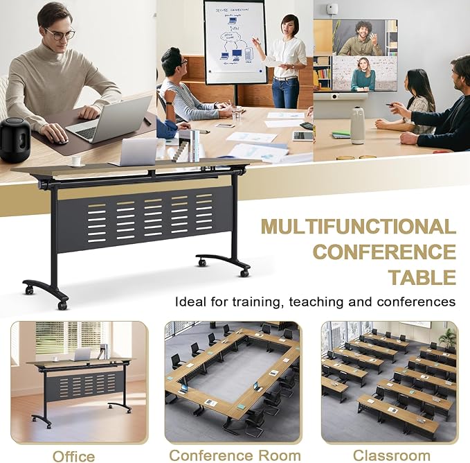 Folding Conference Table, Maple Brown Folding Conference Room Table with One-Touch Fold Button & 360° Swivel Casters, Space-Saving Mobile Meeting Table for Offices, Training Rooms(4PCS)