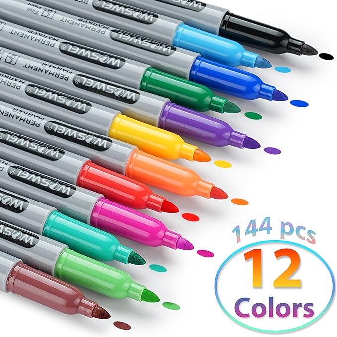 Permanent Markers Bulk, 144 Pack Permanent Marker Set, 12 Assorted Colors, Fine Point Tip, Fast Dry, Waterproof, work on Plastic, Glass, Metal, Wood and Stone, Perfect for School, Office, Home