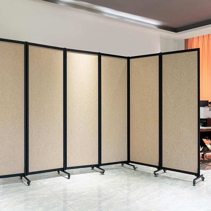 Upgrade Version Room Partition and Divider, Freestanding Rolling Dividers with Wheels,Office Privacy Screen Divider Wall,Classroom Felt Dividers,8'2"L* 6'7"H,4 Panel，Beige