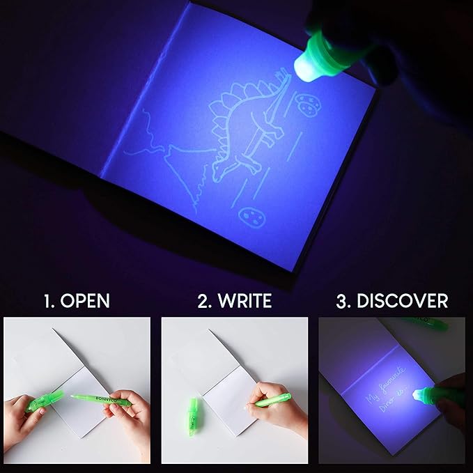 BONNYCO Invisible Ink Pen and Notebook Pack 16 Dinosaur Party Favors for Kids, Magic Spy Pen Goodie Bags Stuffers for Kids, Dinosaur Birthday Party Supplies, Goody Bag Stuffers Return Gifts Prizes