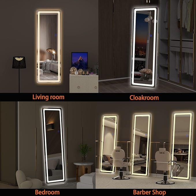 Hasipu Full Length Mirror with Lights, 56" x 16" LED Floor Mirror, Full Body Dressing Standing, Hanging Mounted Mirror for Living Room Bedroom Cloakroom, Round White