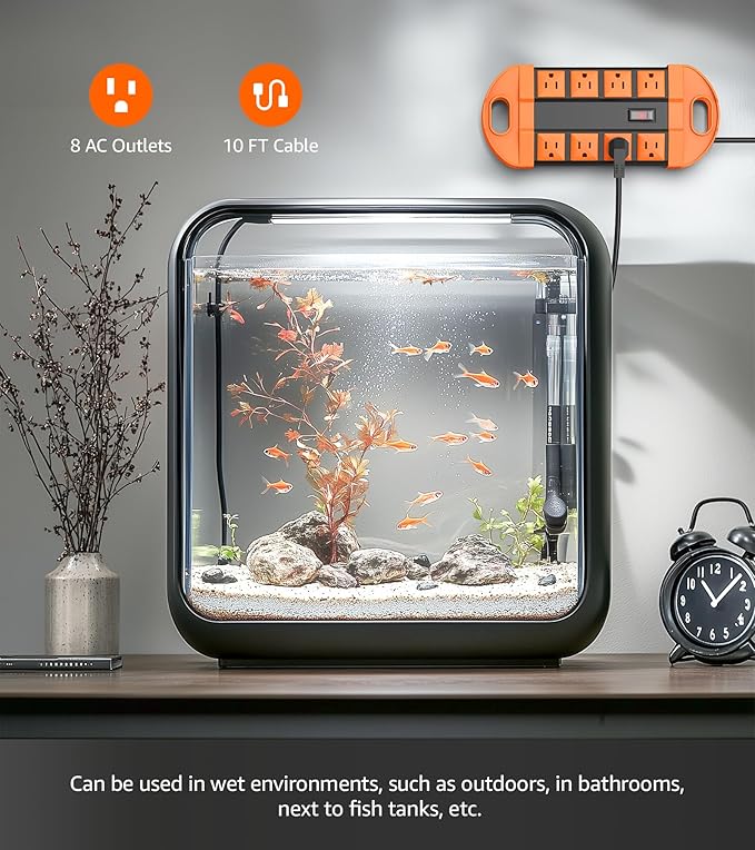 CCCEI Outdoor Power Strip Weatherproof with 8 Plug, Waterproof Extension Cord with Multiple Outlets, Christmas Exterior Garden Yard Surge Protector 10FT, Orange.