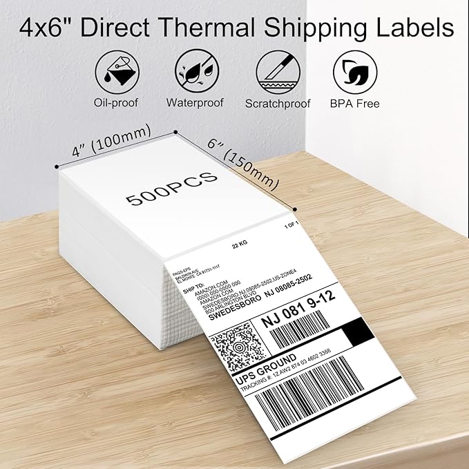 4x6 Thermal Labels, Commercial Grade Direct Thermal 4x6 Shipping Labels, 500 Sheets per Stack,1 Stack
