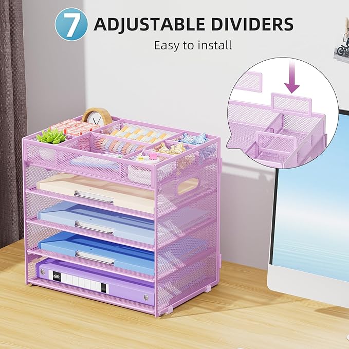 Marbrasse 5-Tier Letter Tray Paper Organizer with Handle, Multi-Functional Mesh File Organizer for Desk, Adjustable Compartments Mesh Desktop Storage for Office Supplies, Purple