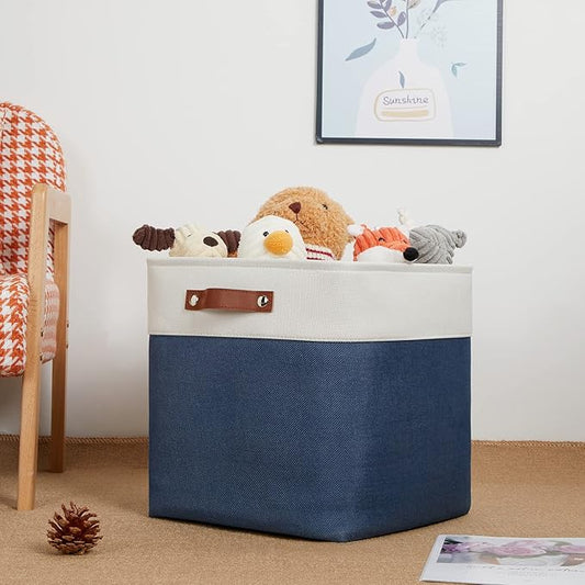 DULLEMELO Storage Baskets for Shelves Closet Storage,Large Home Organization Bins for Gifts Empty,Foldable Fabric Storage Cubes Baskets for Nursery Toy Towels Clothes Storage(White&Blue)