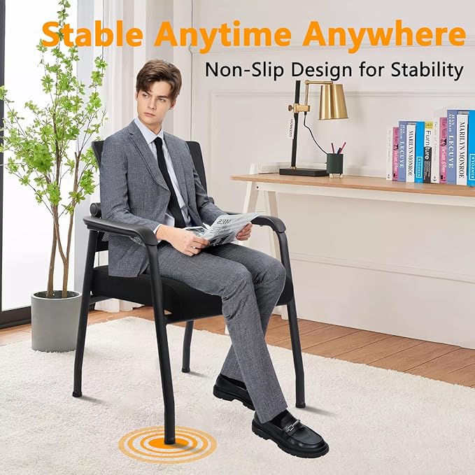 Desk Chair No Wheels with Adjustable Mesh Backrest, Arm Chair with Ergonomic Lumbar Support and Thickened Seats Cushion, Waiting Room Chairs for Office School Church Guest Reception, 2PACK