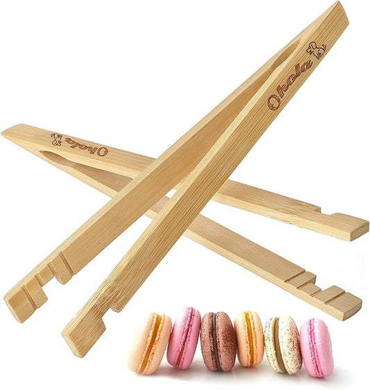 2PCS Reusable Toaster Tongs, OHOLA 8 inch Bamboo Cooking Tong, Multipurpose Wooden Tongs for Toaster, Fruits, Bread, Pickles, Cheese, Bacon, and Muffins (Stylish Pattern)