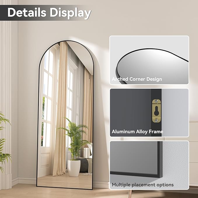 Hasipu Extra Large Arched Rectangular Full Length Wall Mirror, 81"L x 32"W, Black Aluminum Frame, Tempered Glass, Leaning/Wall Mount, Modern Style for Bedroom/Living Room