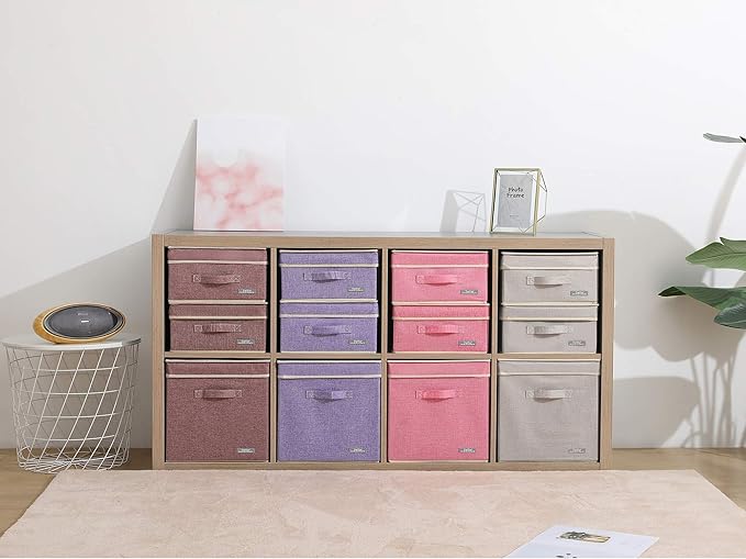 YueYue Foldable Fabric Closet Organizer Bins Box Storage - 4 Pack 12.4 X 12 X 6.7 Inch Storage Bins With Lids 4 Light Color Basket Boxes - Bins Storage Box Collapsible Cloth Home Lid
